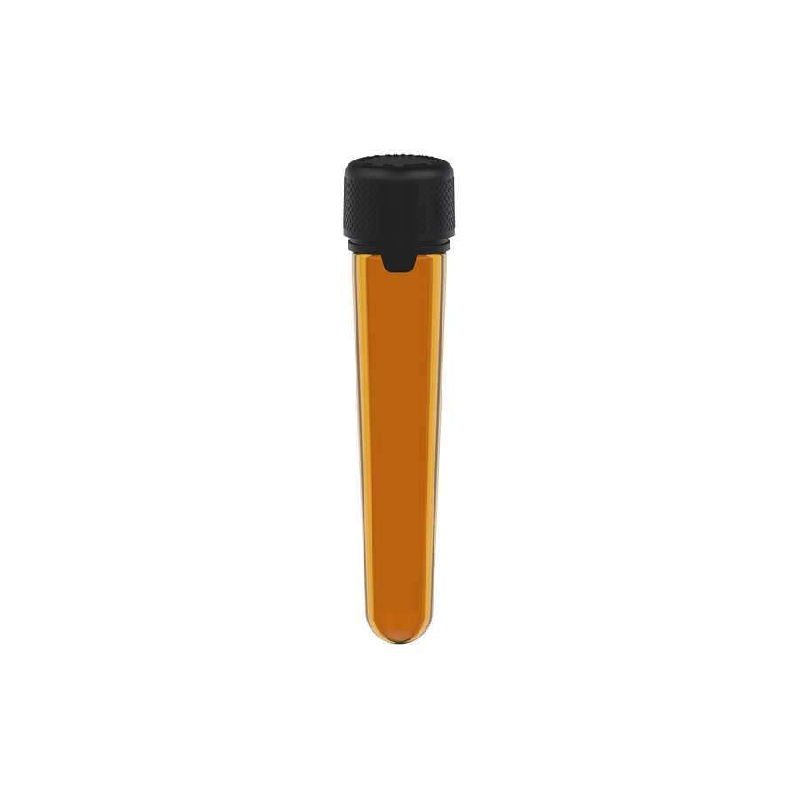 AVIATOR CR - TUBE 100MM WITH INNER SEAL & TAMPER - TRANSLUCENT AMBER WITH OPAQUE BLACK LID - Copackr.com